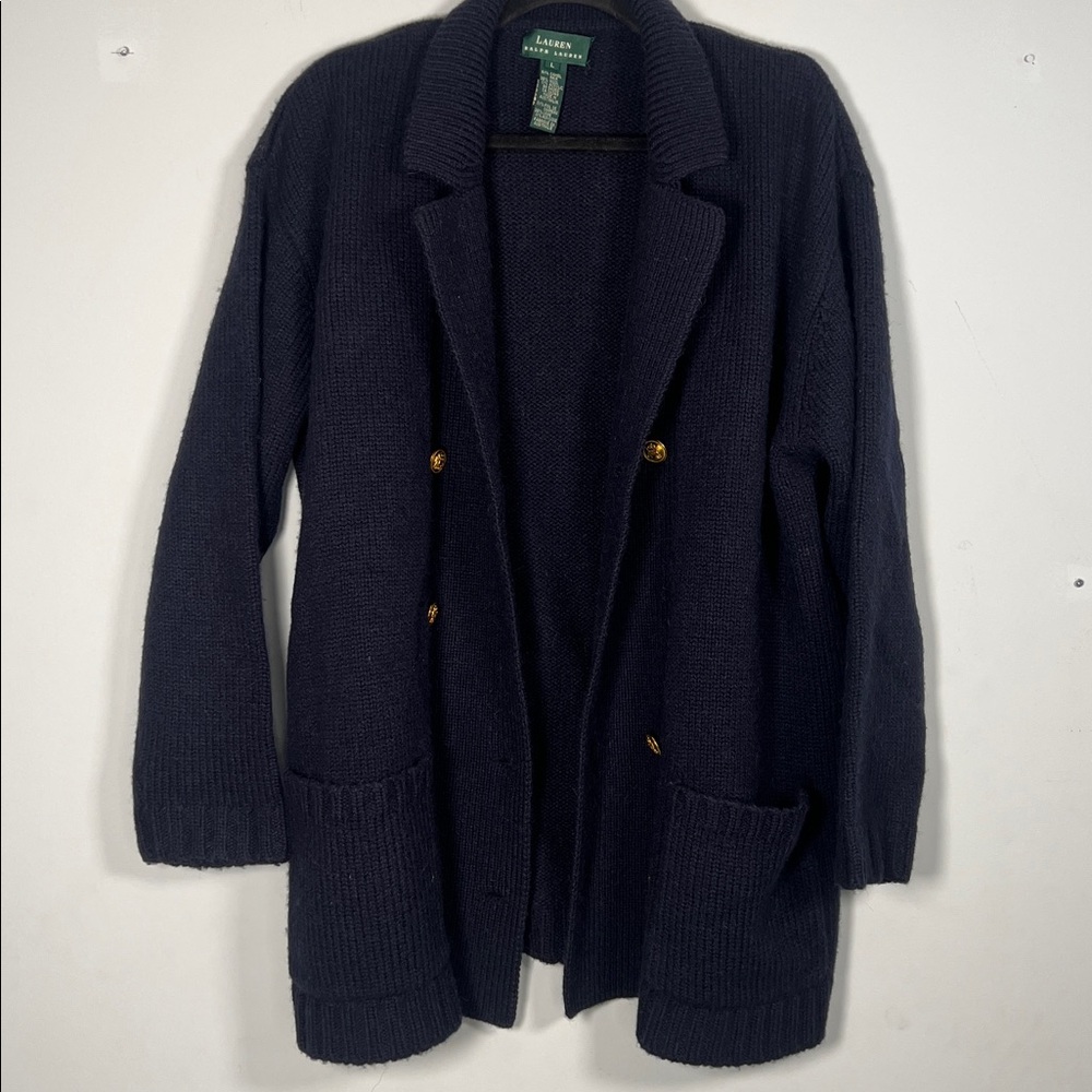 Lauren Ralph Lauren Women's Navy Blue Gold Knit‎ Camel Hair Wool Cardigan Large